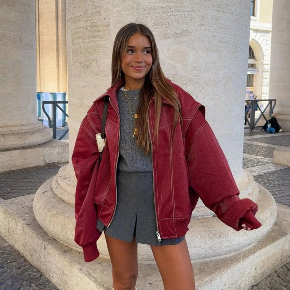 The room Antwerp Oversized Contrast Stitch Jacket Red
